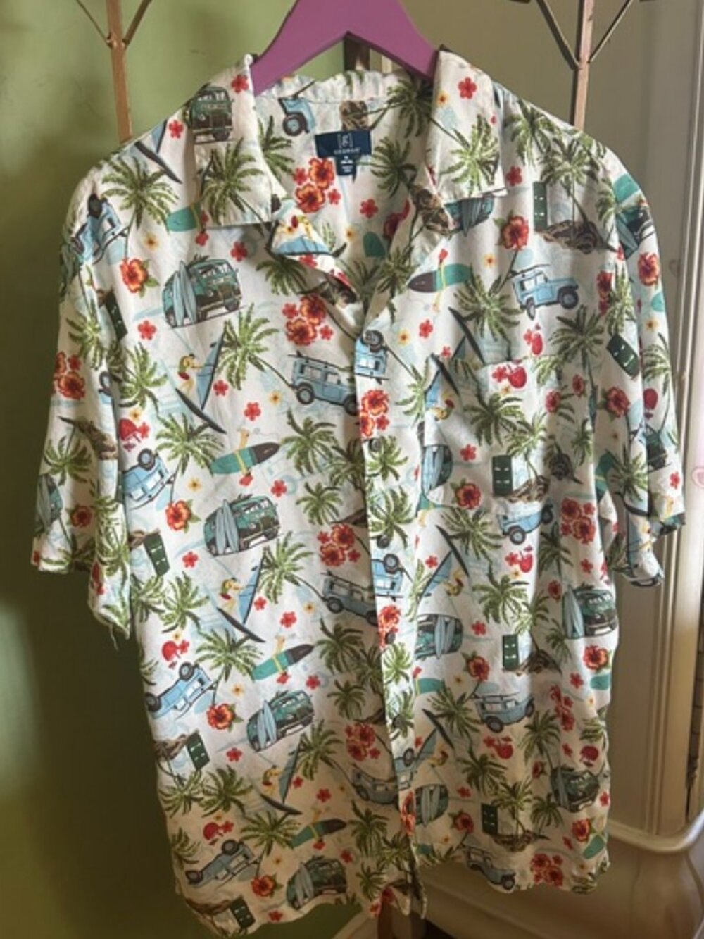 George Men’s XL Hawaiian Resort Shirt Surfboards VW Vans Jeeps Palm Trees Rayon